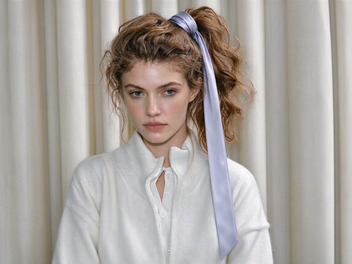 Woman wearing a lavender satin scarf tied around a ponytail with a white cardigan